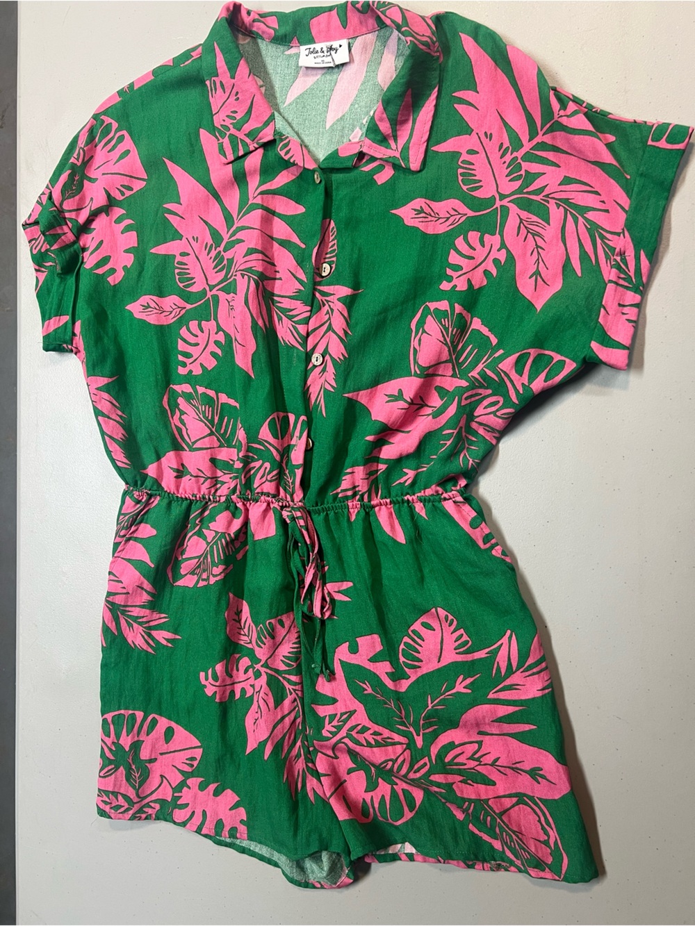 Jolie & Joy Women’s XL Green Pink Tropical Floral Button Front Romper